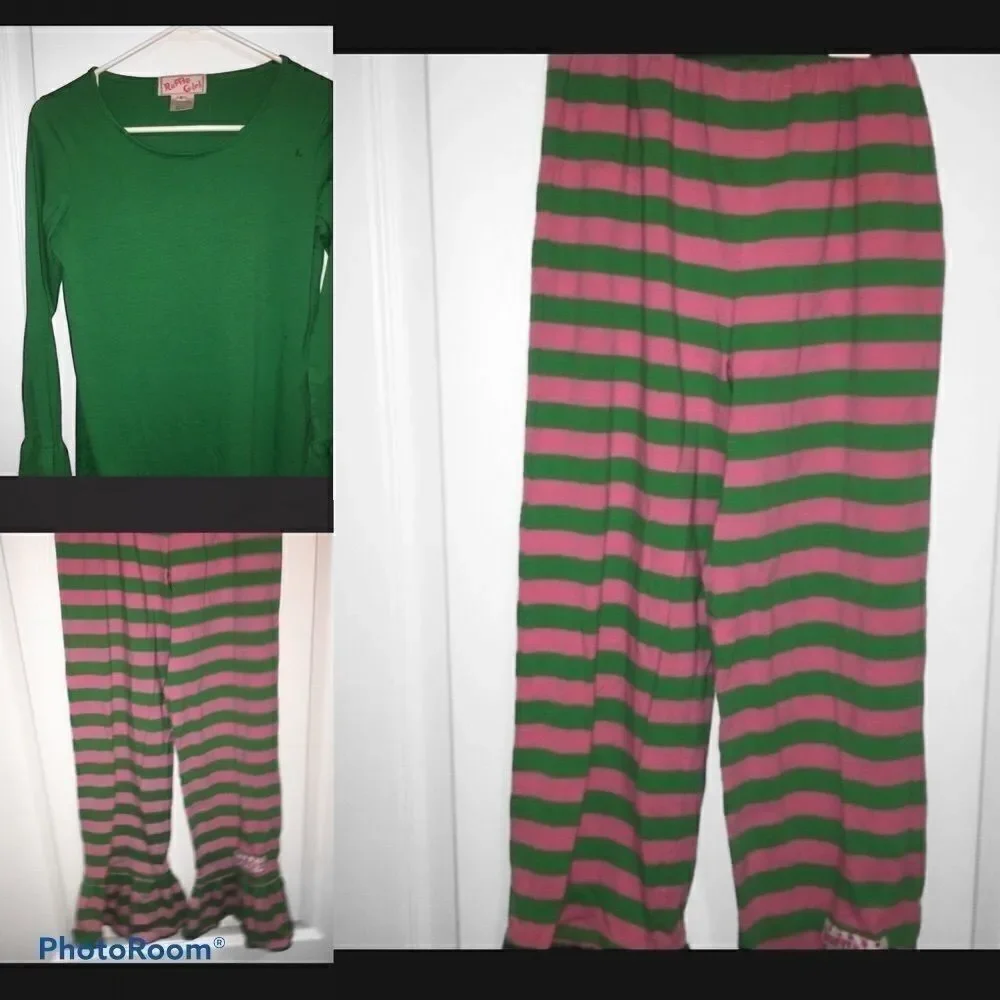 Ruffle girl outfit size 14 pants and top green